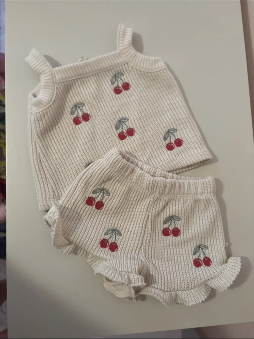 Cream Knit Cherry Tank & Ruffle Shorts Set for Kids